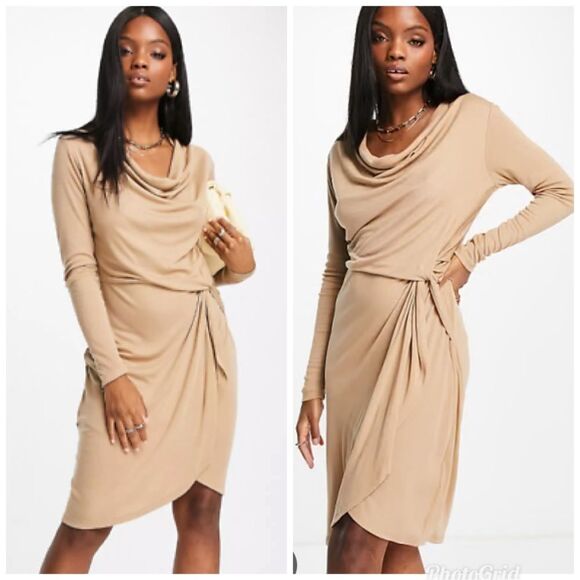 Revolve Ted Baker Neyda Camel Wrap Jersey Tan Long Sleeve dress - Picture 1 of 13